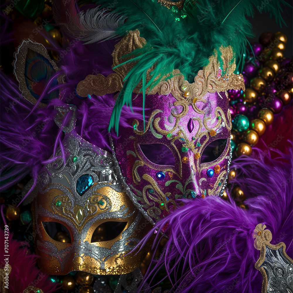 A colorful and ornate collection of Mardi Gras masks and beads, featuring rich purples, greens, and golds, adorned with feathers and glitter, symbolizing the festive spirit of the event.