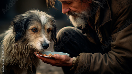 a man feeds food to a street dog.