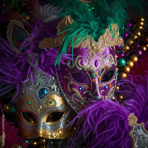 A colorful and ornate collection of Mardi Gras masks and beads, featuring rich purples, greens, and golds, adorned with feathers and glitter, symbolizing the festive spirit of the event.