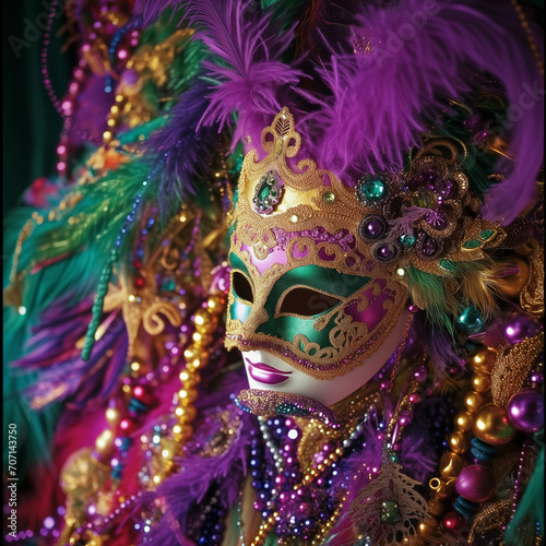 A colorful and ornate collection of Mardi Gras masks and beads, featuring rich purples, greens, and golds, adorned with feathers and glitter, symbolizing the festive spirit of the event. © Ringo