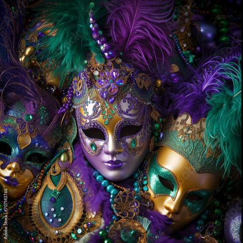 A colorful and ornate collection of Mardi Gras masks and beads, featuring rich purples, greens, and golds, adorned with feathers and glitter, symbolizing the festive spirit of the event. © Ringo