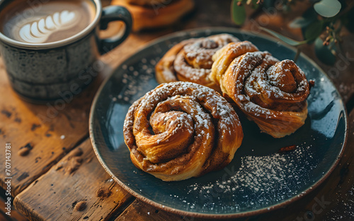 Traditional Swedish cardamom sweet buns, a coffee break with pastries. AI generated photo