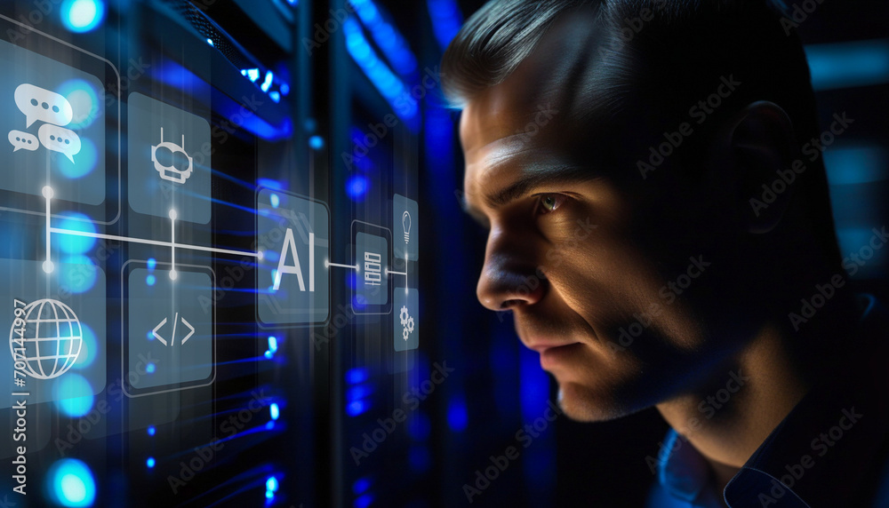Data Center. Information storage warehouse. Ai, cyber data protection with artificial intelligence. Data Center. Information storage warehouse. Ai, cyber data protection with artificial intelligence.