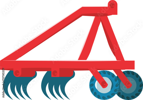 Red plow attachment for tractor, modern agricultural equipment. Farm machinery for soil cultivation vector illustration.