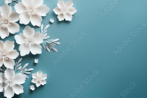  white flowers on a beautiful blue background with a place for congratulations.