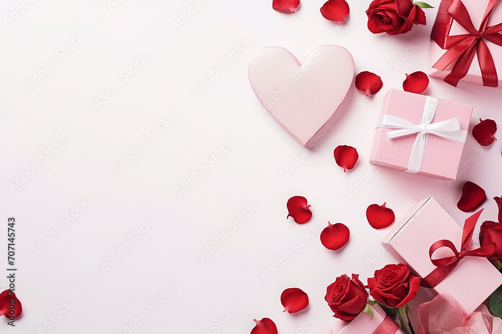 Valentine's day greeting card with gifts, hearts and roses on pink background