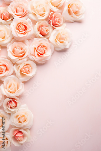 Valentine's Day background. Pink flowers, hearts on pastel background. Valentines day concept.