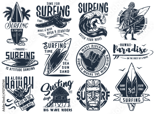 Summer surfing print set. Vector graphic surf collection. Monochrome apparel design for beach shirt