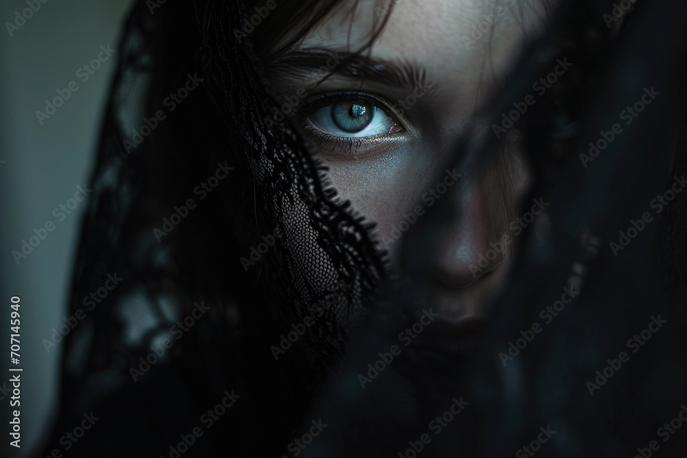 Mysterious portrait in a dark setting, black lace veil covering half the face Mysterious portrait in a dark setting, black lace veil covering half the face