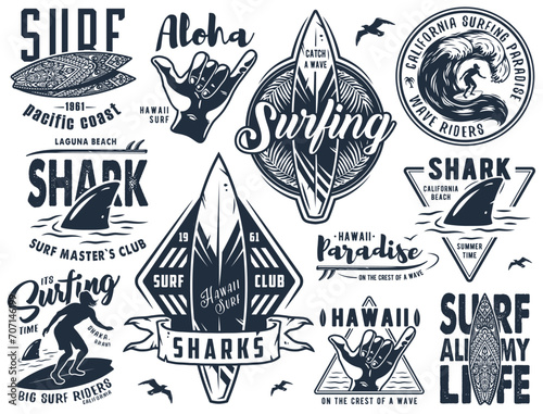 Summer surfing print set. Vector graphic surf collection. Monochrome apparel design for beach shirt