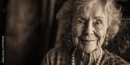 elderly woman, vintage pearl necklace, soft smile, timeless elegance
