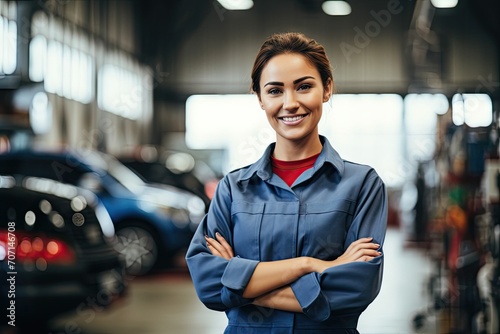 Confident female mechanic smiling in a workshop with vehicles in the background. photo