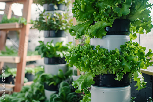 Hydroponic towers with green vegetables on balcony in a big city.