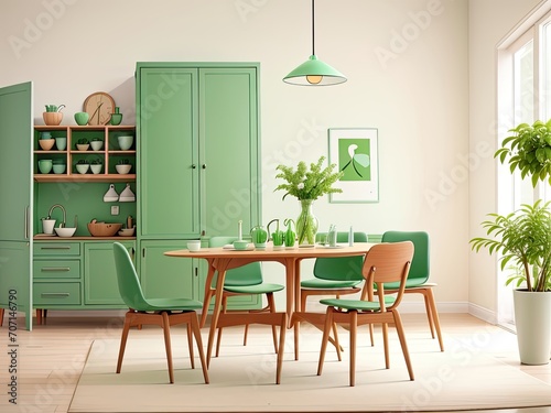 Mint colored chairs surround a round wooden dining table in a room with a green wall  a sofa  and a cabinet. Scandinavian modern living room interior design from the mid-1900s.