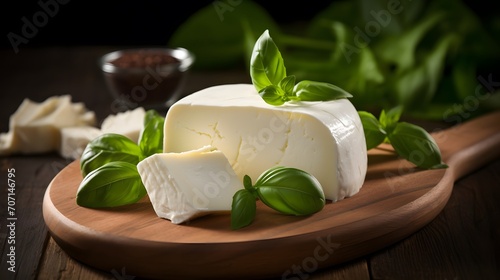 Mozzarella cheese with basil on wooden board. Natural italian dairy product.