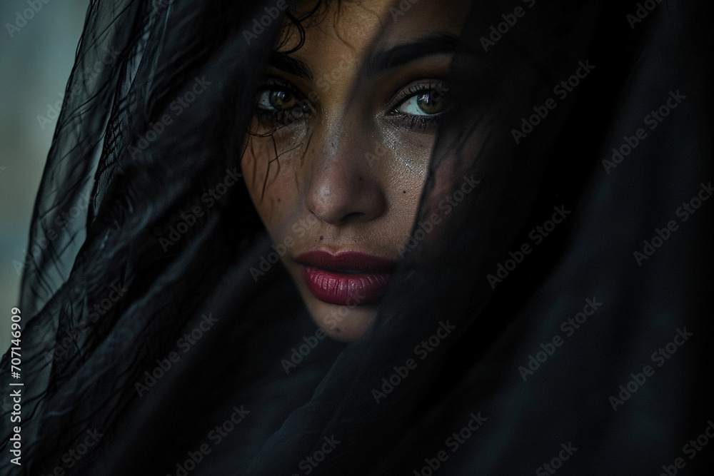 veiled portrait with a modern twist, bold makeup visible through a sheer veil, strong front lighting