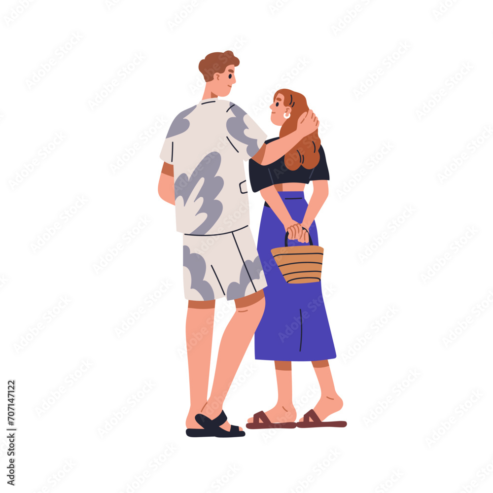 Love couple, enamored man, woman. Happy valentines in romantic relationships, standing, hugging and looking at each other with affection. Flat graphic vector illustration isolated on white background Love couple, enamored man, woman. Happy valentines in romantic relationships, standing, hugging and looking at each other with affection. Flat graphic vector illustration isolated on white background