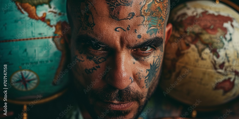 world traveler, map tattoos on skin, eyes filled with wanderlust - obrazy, fototapety, plakaty 