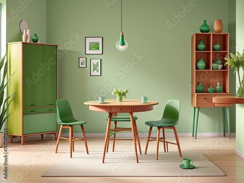 Mint colored chairs surround a round wooden dining table in a room with a green wall, a sofa, and a cabinet. Scandinavian modern living room interior design from the mid-1900s. © REZAUL4513
