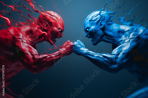 Two figures, one blue and one red facing each other, concept of elections in the United States