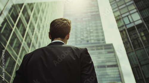 Rear shot of businessman among skyscrapers 