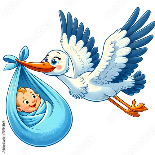 Illustration of a stork carrying a baby boy in a light blue blanket. New born concept photo
