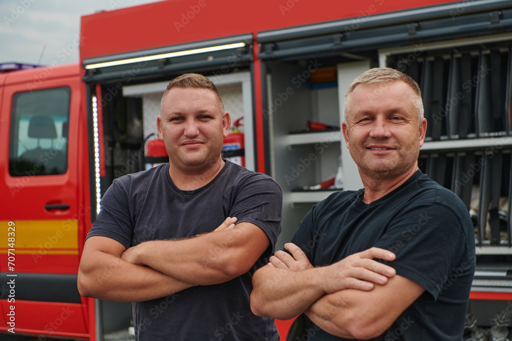 A skilled and dedicated professional firefighting team proudly poses in front of their state of the art firetruck, showcasing their modern equipment and commitment to ensuring public safety.