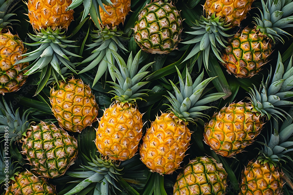 Green and yellow small pineapples on a green background. Top view. Green and yellow small pineapples on a green background. Top view.