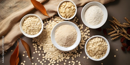 Oat products from flakes, milk, flour and whole grains top view. Healthy food, vegetarian diet concept.