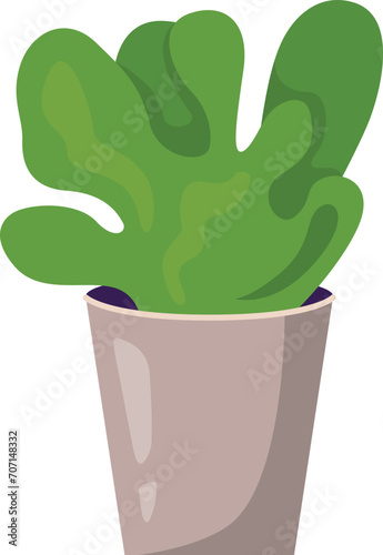 Cartoon potted plant with large green leaves in a brown pot. Modern foliage h...
