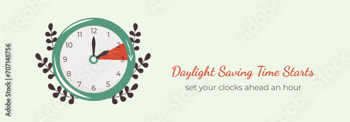 Daylight Saving Time begins Banner. Springtime Forward in March Reminder design. Vector illustration with leaves and clock turning to an hour ahead