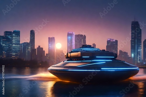 A sleek, futuristic hovercraft gliding smoothly over a cityscape at dawn.