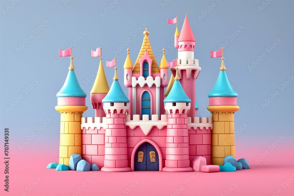 Magic Pink Princess Castle. Cartoon Style. Children’s game, fantasy. For games. Toy. Fairy-tale design. Illustration for children’s book. 3D colourful Image. Isolated