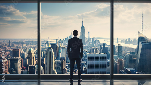 A professional businessman in front of a window with a panoramic view of the urban skyline, illustrating decision-making and ambition in a corporate world.