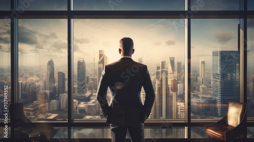 A businessman stands in a modern office space, looking out a large window at the downtown skyline, perfectly capturing a moment of corporate contemplation.