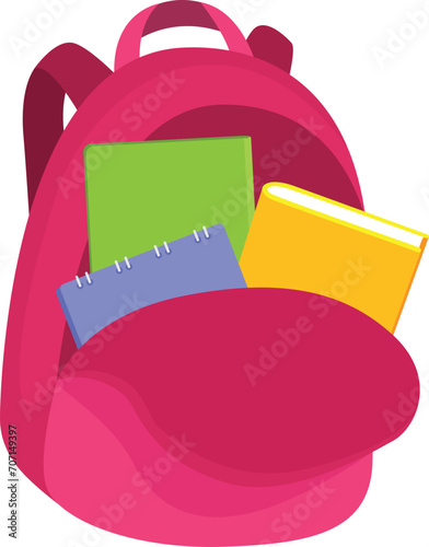 Bright pink school backpack with books and notebook protruding. Education and back to school concept vector illustration. photo