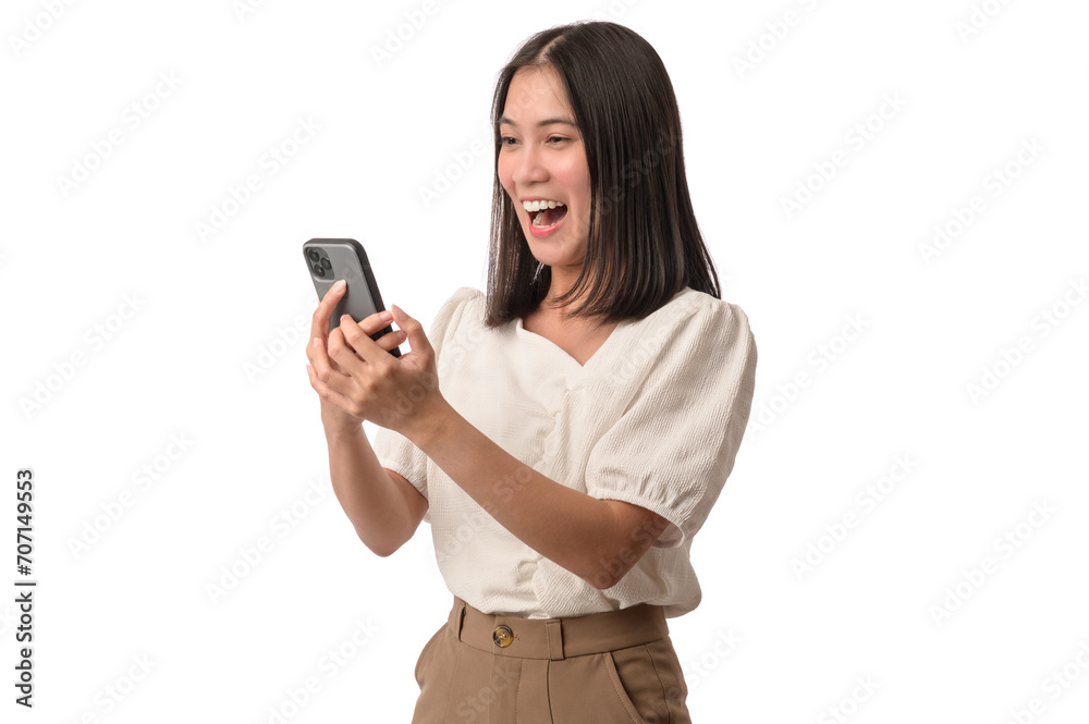 Portrait photo of young beautiful Asian woman feeling happy or surprise shock and holding smart phone with black empty screen on white background can use for advertising or product presenting concept. Portrait photo of young beautiful Asian woman feeling happy or surprise shock and holding smart phone with black empty screen on white background can use for advertising or product presenting concept.