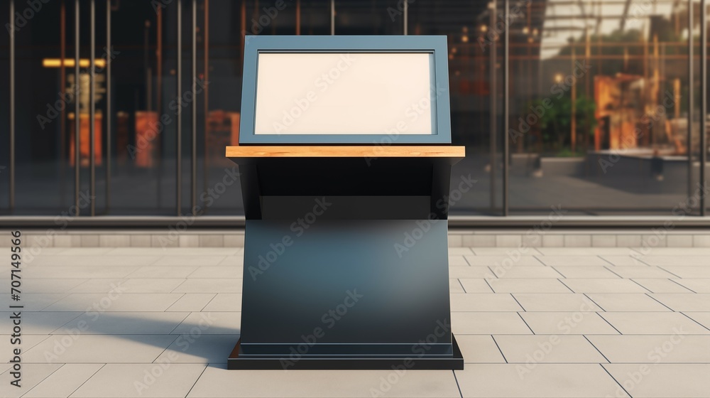 A mock-up of a billboard on a sidewalk in front of a building. A mock-up of a billboard on a sidewalk in front of a building.