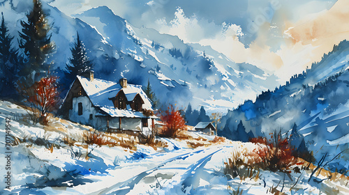 Winter Landscape with Mountain Cabin. Watercolor.