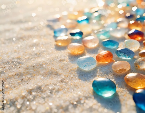 Bright pastel watercolour background with colorful shiny stones on white sand beach, golden light and copyspace. 