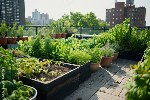 A rooftop garden with various vegetables and herbs  city buildings on background.