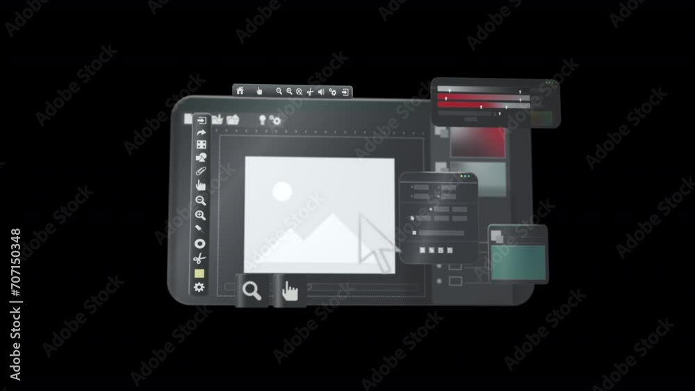 Image editing design tool interface application for editing pictures with various windows, settings layers, color correction, toolbar, against black background
