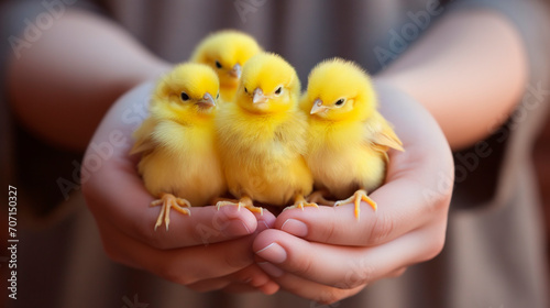 a woman holds small chickens in her hands
