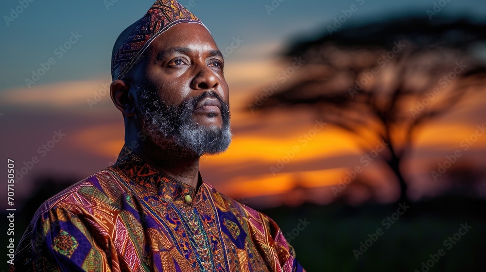 Proud African man in traditional attire, against a twilight savannah backdrop. Proud African man in traditional attire, against a twilight savannah backdrop.