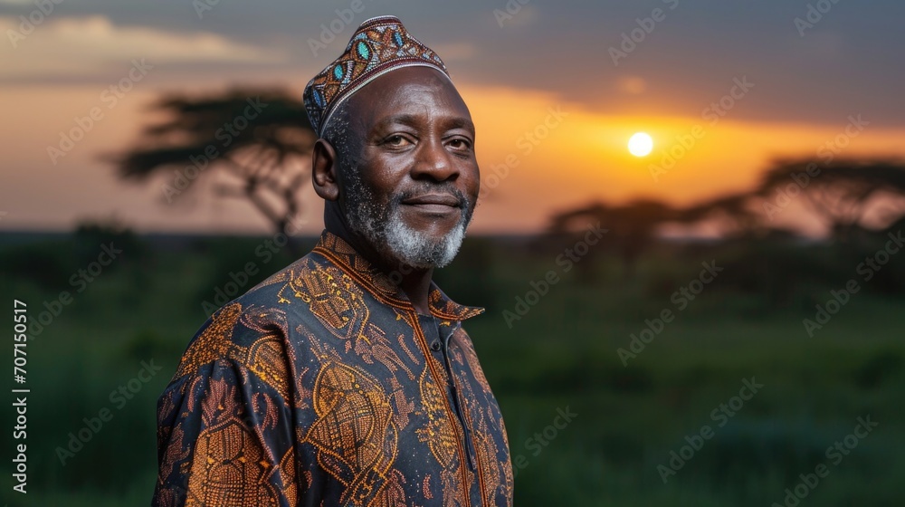 Proud African man in traditional attire, against a twilight savannah backdrop. Proud African man in traditional attire, against a twilight savannah backdrop.