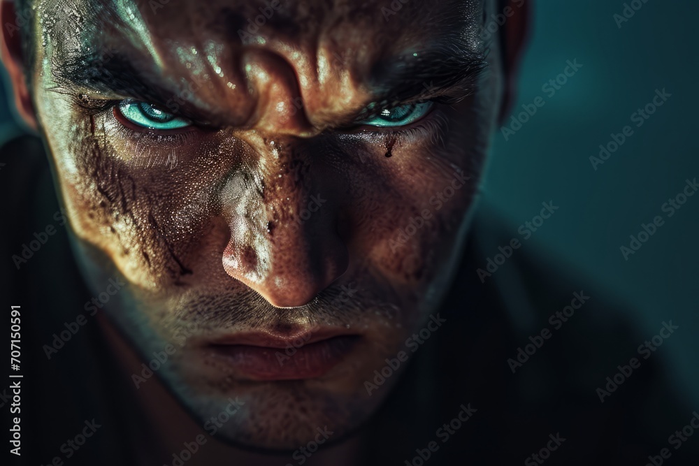 Intense male portrait with a deep gaze, scarred face, and dark tones, suggesting a story of survival and resilience.

