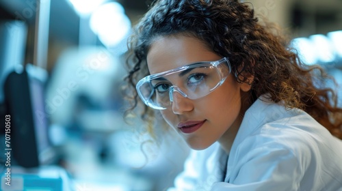 Focused female scientist in a lab  symbolizing research and scientific discovery.