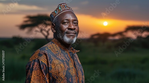 Proud African man in traditional attire, against a twilight savannah backdrop. photo