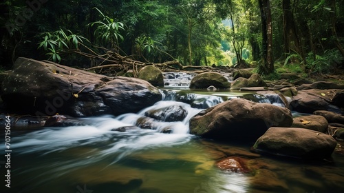 waterfall in the middle of a tropical forest with mossy rocks. natural natural scenery