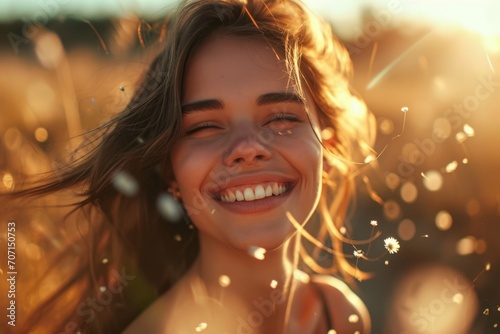 Joyful woman smiling in the golden hour light, with sparkling particles around her, radiating happiness and warmth.

